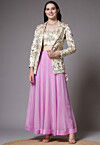 Embroidered Dupion Silk Crop Top Jacket Set in Light Purple and Beige