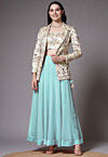 Embroidered Dupion Silk Crop Top Jacket Set in Sky Blue and Beige
