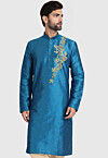 Embroidered Dupion Silk Kurta in Blue