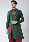 Embroidered Dupion Silk Kurta in Dark Green
