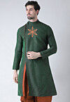 Embroidered Dupion Silk Kurta in Dark Green