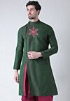 Embroidered Dupion Silk Kurta in Dark Green