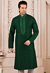 Embroidered Dupion Silk Kurta in Dark Green