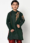 Embroidered Dupion Silk Kurta in Dark Green