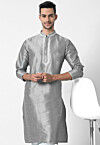 Embroidered Dupion Silk Kurta in Grey