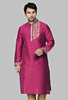 Embroidered Dupion Silk Kurta in Magenta