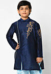 Embroidered Dupion Silk Kurta in Navy Blue