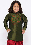 Embroidered Dupion Silk Kurta in Olive Green