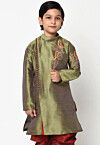 Embroidered Dupion Silk Kurta in Olive Green