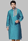 Embroidered Dupion Silk Kurta in Teal Blue