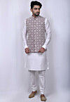 Embroidered Dupion Silk Kurta Jacket Set in White and Purple