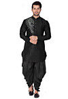 Embroidered Dupion Silk Kurta Set in Black