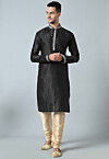 Embroidered Dupion Silk Kurta Set in Black