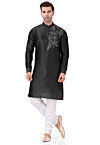 Embroidered Dupion Silk Kurta Set in Black