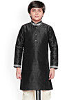 Embroidered Dupion Silk Kurta Set in Black