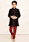 Embroidered Dupion Silk Kurta Set in Black