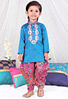 Embroidered Dupion Silk Kurta Set in Blue