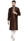 Embroidered Dupion Silk Kurta Set in Brown