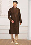 Embroidered Dupion Silk Kurta Set in Dark Brown