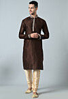 Embroidered Dupion Silk Kurta Set in Dark Brown