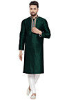 Embroidered Dupion Silk Kurta Set in Dark Green