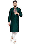 Embroidered Dupion Silk Kurta Set in Dark Green
