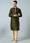 Embroidered Dupion Silk Kurta Set in Dark Olive Green
