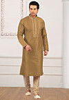 Embroidered Dupion Silk Kurta Set in Fawn