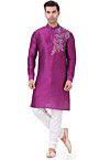 Embroidered Dupion Silk Kurta Set in Magenta