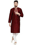 Embroidered Dupion Silk Kurta Set in Maroon