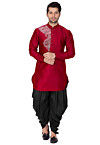 Embroidered Dupion Silk Kurta Set in Maroon