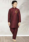 Embroidered Dupion Silk Kurta Set in Maroon
