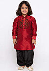 Embroidered Dupion Silk Kurta Set in Maroon