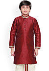 Embroidered Dupion Silk Kurta Set in Maroon