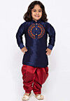 Embroidered Dupion Silk Kurta Set in Navy Blue