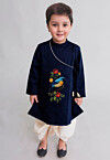 Embroidered Dupion Silk Kurta Set in Navy Blue