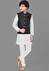 Embroidered Dupion Silk Kurta Set in Off White and Black