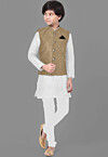 Embroidered Dupion Silk Kurta Set in Off White and Dark Beige