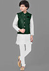 Embroidered Dupion Silk Kurta Set in Off White and Dark Green