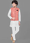 Embroidered Dupion Silk Kurta Set in Off White and Dark Peach