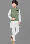 Embroidered Dupion Silk Kurta Set in Off White and Dusty Green