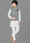 Embroidered Dupion Silk Kurta Set in Off White and Grey