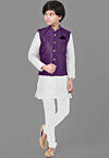 Embroidered Dupion Silk Kurta Set in Off White and Purple