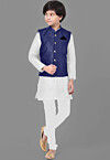 Embroidered Dupion Silk Kurta Set in Off White and Royal Blue