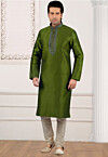 Embroidered Dupion Silk Kurta Set in Olive Green