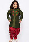 Embroidered Dupion Silk Kurta Set in Olive Green