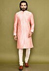 Embroidered Dupion Silk Kurta Set in Peach