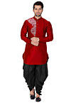 Embroidered Dupion Silk Kurta Set in Red