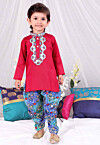 Embroidered Dupion Silk Kurta Set in Red
