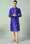 Embroidered Dupion Silk Kurta Set in Royal Blue